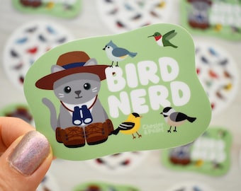 Bird Nerd Cat Sticker for Water Bottle, Hand-Drawn Vinyl Art, Waterproof Laptop Decal