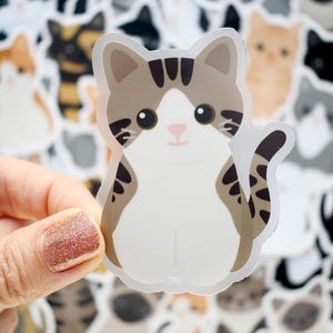 May include: A die-cut sticker featuring a cartoon cat with brown tabby markings on its head and tail, a white face, chest, and belly, and large black eyes. The cat is shown in a sitting position with its tail curled to the side against a background.