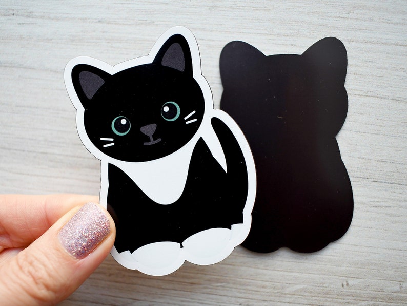 Black tuxedo cat with white blaze magnet, waterproof vinyl car magnet, cute refrigerator magnets, cute cartoon black tuxie cat fridge magnet image 4
