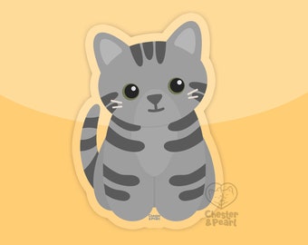 Gray tabby cat sticker, cat water bottle sticker, grey cat stickers for cup, gray tabby cat art, grey tabby cat gift for kids, striped cat