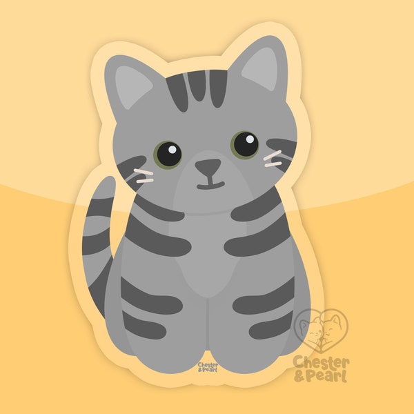 Gray tabby cat sticker, cat water bottle sticker, grey cat stickers for cup, gray tabby cat art, grey tabby cat gift for kids, striped cat