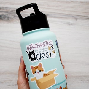 May include: A light blue reusable water bottle with a black lid and handle. The bottle has several stickers on it, including one that says "Introverted but willing to discuss cats".