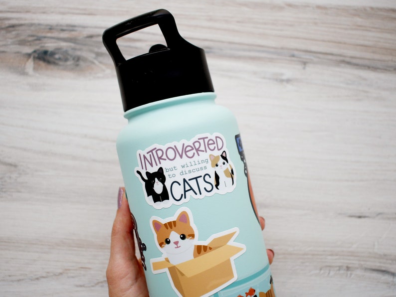 May include: A light blue reusable water bottle with a black lid and handle. The bottle has several stickers on it, including one that says "Introverted but willing to discuss cats".