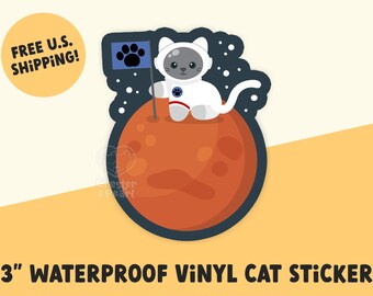 gray cat astronaut sticker, cute cartoon catstronaut waterproof stickers for water bottles, cats on Mars die cut sticker for laptop or cup