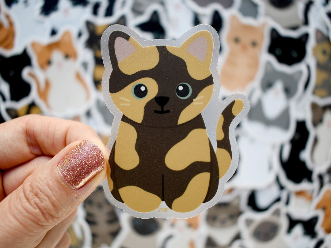 Tortie Cat Vinyl Sticker for Water Bottle and Laptop, Cute Cartoon ...