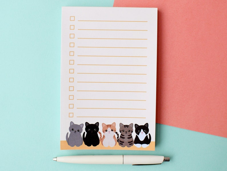 cute cat checklist memo pad, cute to do list notepad, fun gifts for cat lovers and owners, cat mom note pad, stationery gifts for teachers image 1