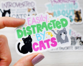 Easily Distracted By Cats Sticker, Funny Waterproof Vinyl Decal for Water Bottle