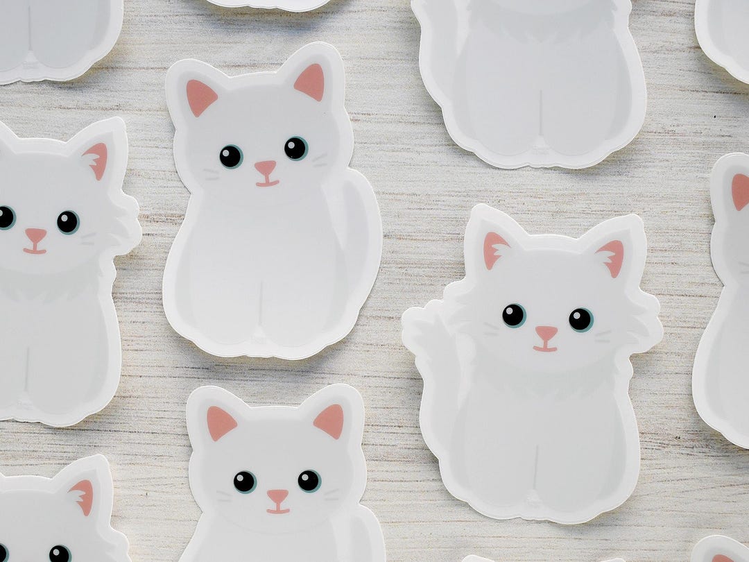 White Cat Vinyl Sticker for Water Bottle and Laptop, Cute Cartoon ...