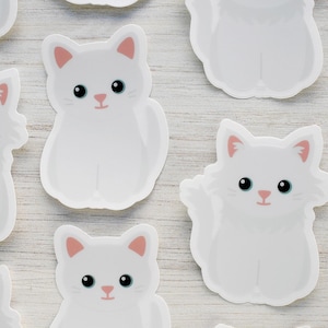 White cat vinyl sticker for water bottle and laptop, cute cartoon kitten waterproof decal for car windows, cat lover art gift for pet owners