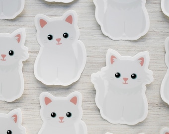 White cat vinyl sticker for water bottle and laptop, cute cartoon kitten waterproof decal for car windows, cat lover art gift for pet owners