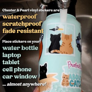 Op de afbeelding: Een lichtblauwe waterfles met verschillende vinyl stickers met katten en de tekst "Probably Thinking About Cats". De stickers zijn waterdicht, krasbestendig en verkleuren niet. De fles wordt onder een kraan gespoeld.