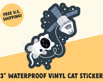 black cat astronaut sticker, cute cartoon catstronaut waterproof stickers for laptop, orion space capsule and cat spacewalk sticker for cup