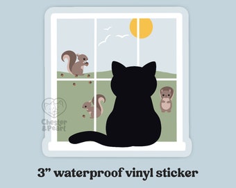 Squirrel watching waterproof cat sticker for laptop, cute cat stickers for water bottle, black cat decal, black cat gift for friends