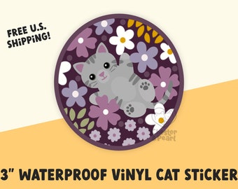 gray tabby cat flower sticker waterproof, pretty cat stickers for laptop, cat flowers stickers for hydroflask, cat mom gifts under 5 dollars