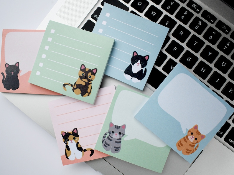 Cat sticky notes set of 6, cute stationery set, stationary pad, cat mom birthday gift idea, sticky note pad, teacher appreciation week gifts image 1