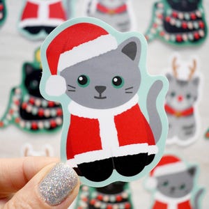 Santa cat waterproof vinyl sticker - stocking stuffer, Christmas gift for gray cat lovers