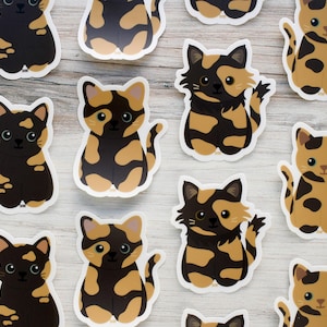 Tortie cat vinyl sticker for water bottle and laptop, cute cartoon kitten waterproof decal for car windows, tortoiseshell cat lover art gift
