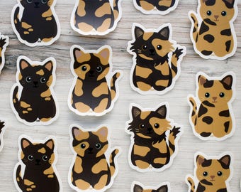Tortie cat vinyl sticker for water bottle and laptop, cute cartoon kitten waterproof decal for car windows, tortoiseshell cat lover art gift