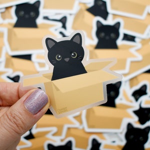 black cat sticker, cats in a box cat sticker, cat in cardboard box, black cat decal, black cat art, black cat gift, cat gift for friends