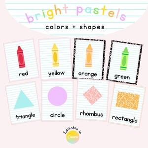 Peut inclure: Un ensemble de cartes mémoire avec des images de crayons et de formes. Les crayons sont rouge, jaune, orange et vert. Les formes sont un triangle, un cercle, un losange et un rectangle. Le texte sur les cartes mémoire indique "bright pastels colors + shapes".