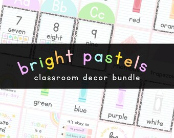 Bright Pastels Classroom Decor Bundle, Editable Classroom Decor Bundle, Back to School, Printable Canva Decor, Canva Templates