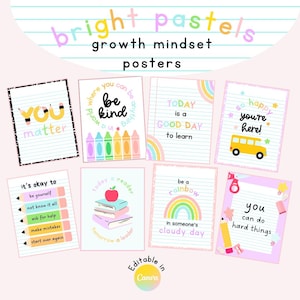 Pósters imprimibles editables de mentalidad de crecimiento para el aula, decoración de arcoíris brillante, descarga instantánea, archivos PDF + plantilla editable de Canva