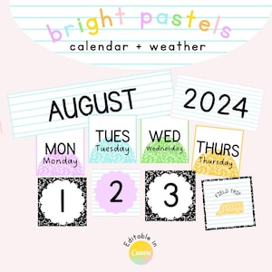 May include: A printable August 2024 calendar with a bright pastel color scheme. The calendar is divided into days of the week, with each day having a different color. The days of the week are labeled with the abbreviations "Mon", "Tues", "Wed", "Thurs". The calendar is designed for use in a classroom or home.