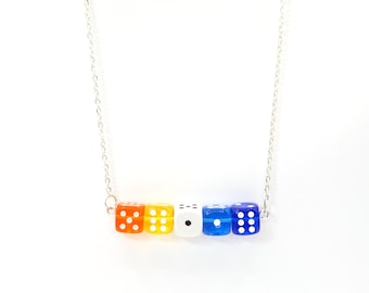 Aroace: a dice pride necklace based on the aroace flag