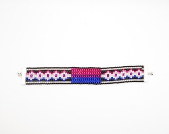 Bi: a bisexual pride flag loom beaded bracelet