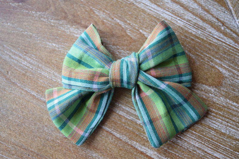 White Toddler Blue Pink Orange Plaid- Cotton- Hair Bow- Baby Patrick/'s Day Alligator Clip Green Pigtail Set- St Child- Headband