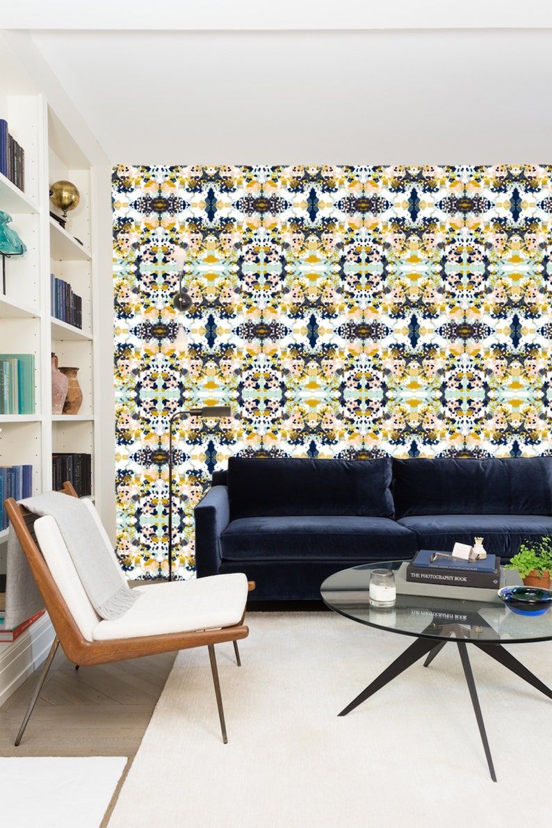 Navy Blue Yellow Abstract Wallpaper Removable Traditional | Etsy