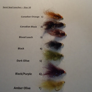 May include: Seven different colors of semi seal leeches, size 10, for fly fishing. The colors are Canadian Orange, Canadian Black, Blood Leech, Black, Dark Olive, Black/Purple, and Amber Olive.