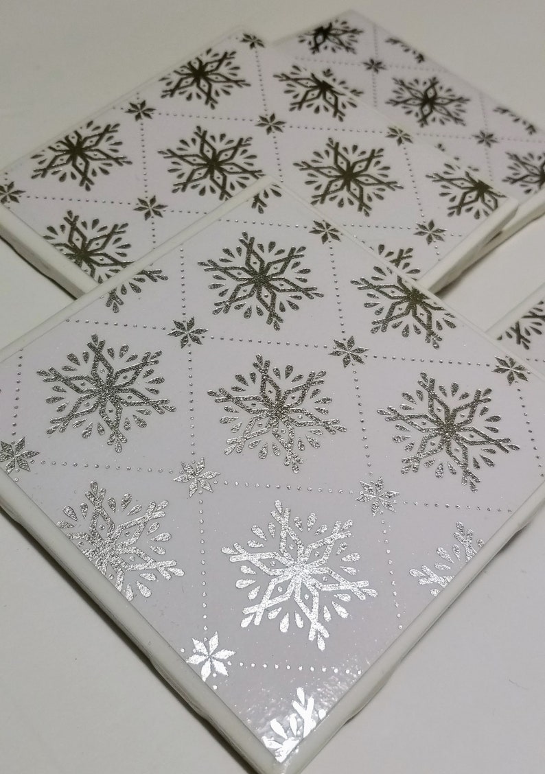 Silver Snowflakes Ceramic Tile Coasters