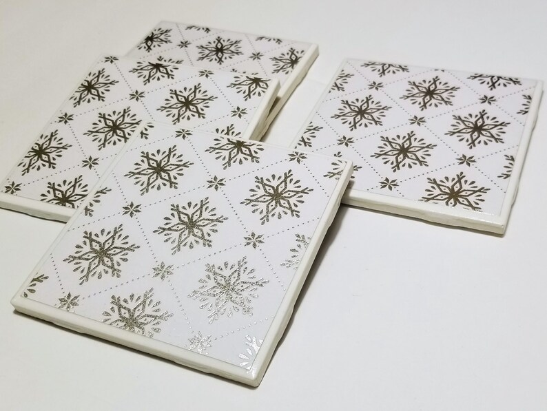 Silver Snowflakes Ceramic Tile Coasters