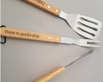 Personalised BBQ Tool Set with wooden handles.  Father's Day, Birthday, Gifts for him, Bbq tools,