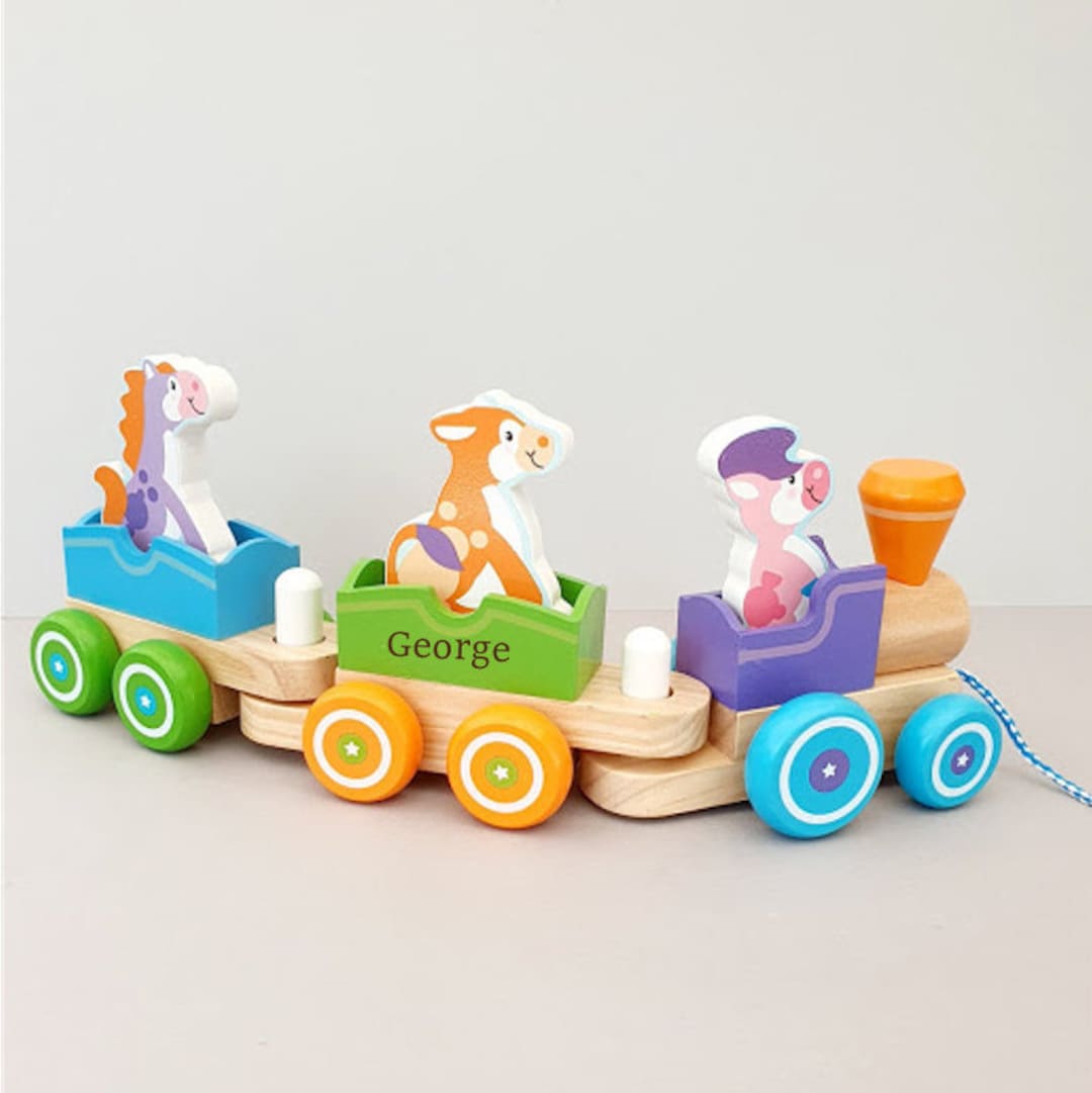 Engraved Rocking Animals Train 1st Train Pull Along Train Gift for