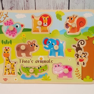 Personalised Animal Peg puzzle, 1st toddler puzzle. Toddler toy, Wooden toy, Personalised puzzle, Zoo Animals Gift for Girls, Gift for Boys