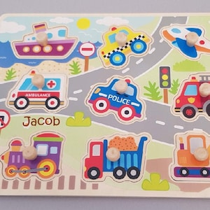 Personalised Car Peg puzzle, 1st toddler puzzle. Toddler toy, Wooden toy, Personalised puzzle, Vehicles, Gift for Girls, Gift for Boys
