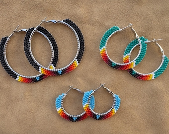 Native Seed Bead Hoop Earrings, Hand Beaded Indigenous Jewelry, Traditional Pattern Hoops