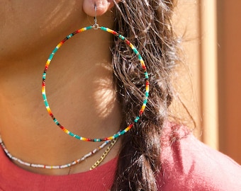 Oversized Native American Beaded Hoop Earrings | Hand Beaded Indigenous Jewelry