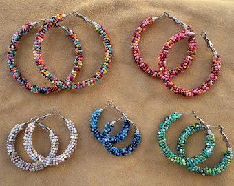 Native Made Hand Beaded Hoop Earrings, Boho Seed Bead Wire Wrapped Jewelry