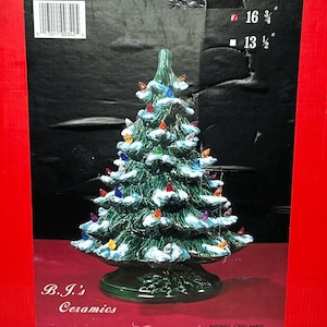 Large Lighted Ceramic Christmas Tree Green With Snow Tips Boxed