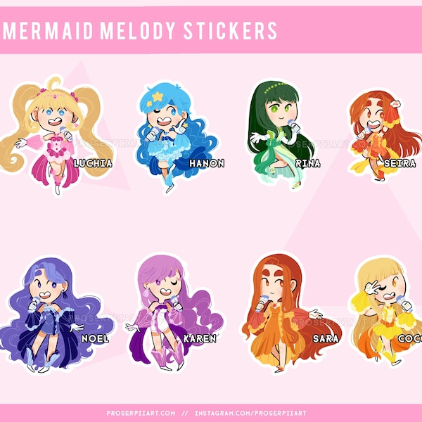 Zeemeermin melodiestickers! Stickerpakket,, MMPPP Luchia Hanon Rina Karen Noel Seira Sara Coco