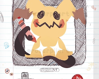 Postal A6 y lámina A4 estilo Game Boy de Mimikyu