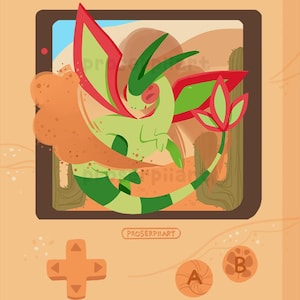 Puede incluir: Ilustración de una criatura verde y roja con grandes alas, ambientada en un desierto dentro de un diseño de consola de juegos portátil retro. La obra de arte incluye el texto "PROSERPIIART".