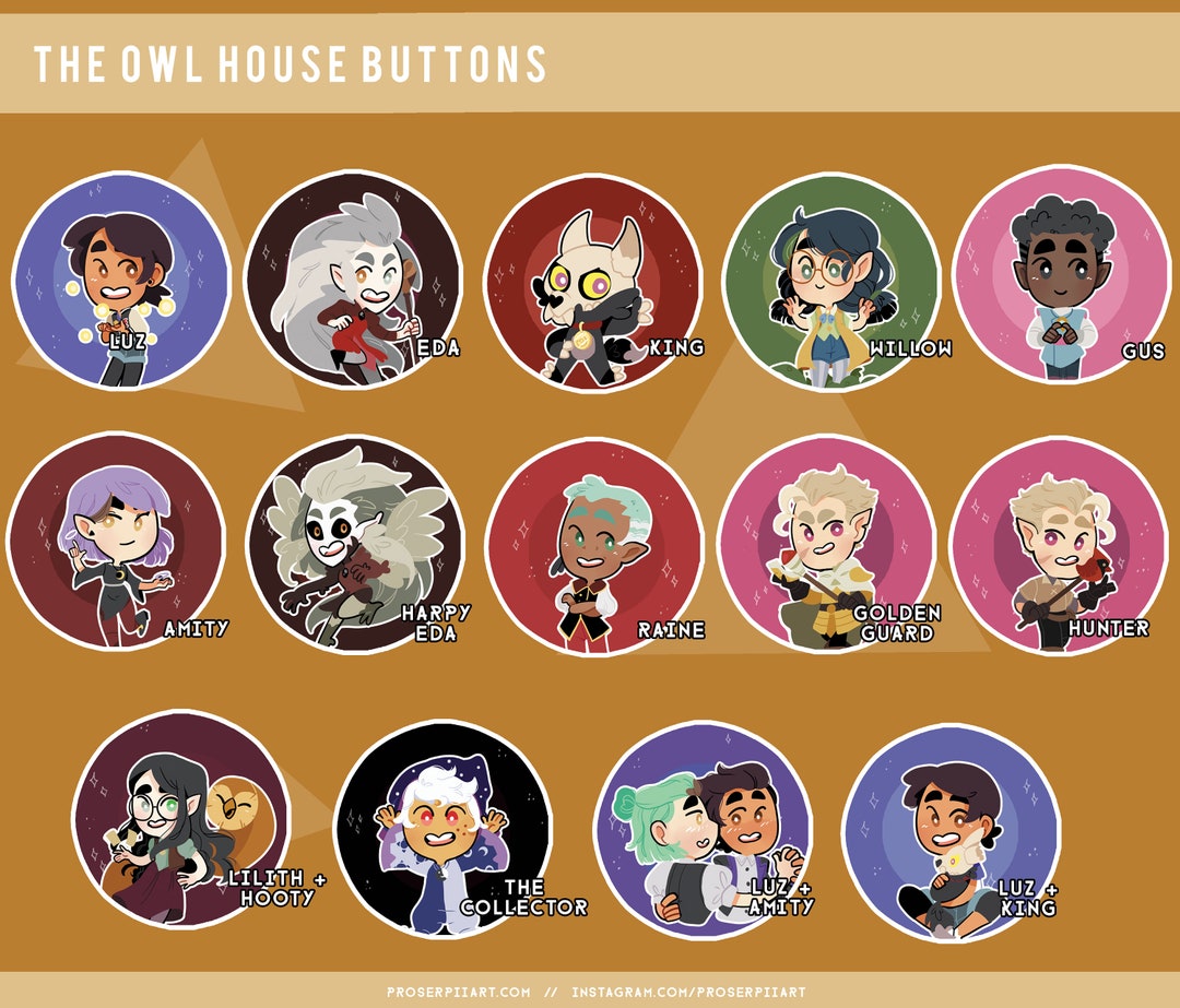 The Owl House Buttons Luz Amity Eda King Willow Gus Raine 