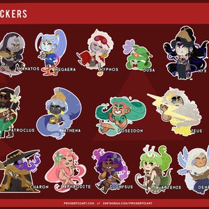 Hades Stickers ,, Zagreus Thanatos  Melinoe Achilles Patroclus Megaera Dusa Charon Artemis Dionyssus Poseidon Aphrodite Ares Chaos Hermes