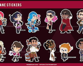 May include: A set of 12 colorful stickers featuring characters from the animated series Arcane. The stickers are round and feature a chibi style art style. The characters include Vi, Caitlyn, Jinx, Silco, Sevika, Vander, Ekko, Viktor, Jayce, Mel, Heimerdinger, and Grayson.