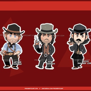 Puede incluir: Tres ilustraciones de dibujos animados de personajes de un videojuego con temática del Oeste. Cada personaje lleva un sombrero de vaquero y vestimenta del Oeste. Los personajes son Arthur Morgan, John Marston y Dutch Van Der Linde. El fondo es de color rojo liso.