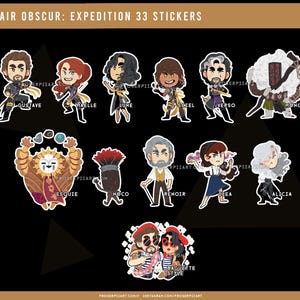 May include: A collection of die-cut stickers featuring cartoon illustrations of various characters. The stickers have a black background and include the text "CLAIR OBSCUR: EXPEDITION 33 STICKERS" at the top. Each character has a unique design and name.